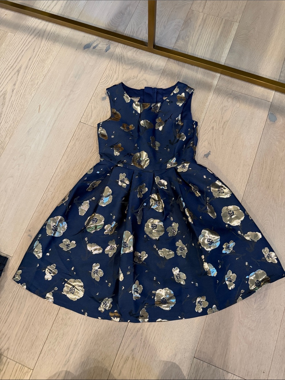 Girls Navy Blue Formal Dress with Gold Floral Foil